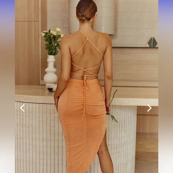 open lace back dress Paris Orange Pink Strappy Midi Dress